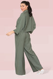 KATCH ME Khaki Versatile Half Sleeve Button Crop Top & Elastic Waist Trousers Co-ord Co-ord