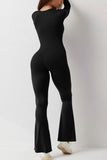 KATCH ME Black Sports Square Neck Long Sleeve Seamless Shaping Flared Jumpsuit Jumpsuit