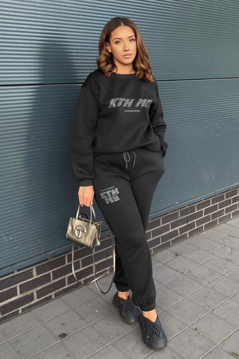 KATCH ME Black Casual KTH ME Print Loose Sweatshirt & Elastic Waist Sweatpants Co-ord Co-ord 25.99