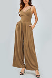 KATCH ME Camel Elegant Spaghetti Straps Thin Waist Backless Wide Leg Jumpsuit Jumpsuit