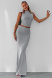 KATCH ME Grey Elegant Plain Round Neck Sleeveless Slim Tank & Folded Waist Skirt Co-ord Co-ord