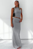 Grey Elegant Plain Round Neck Sleeveless Slim Tank & Folded Waist Skirt Co-ord