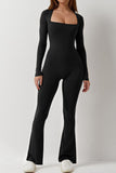 KATCH ME Black Sports Square Neck Long Sleeve Seamless Shaping Flared Jumpsuit Jumpsuit