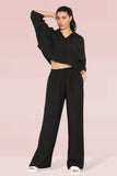 KATCH ME Black Versatile Half Sleeve Button Crop Top & Elastic Waist Trousers Co-ord Co-ord