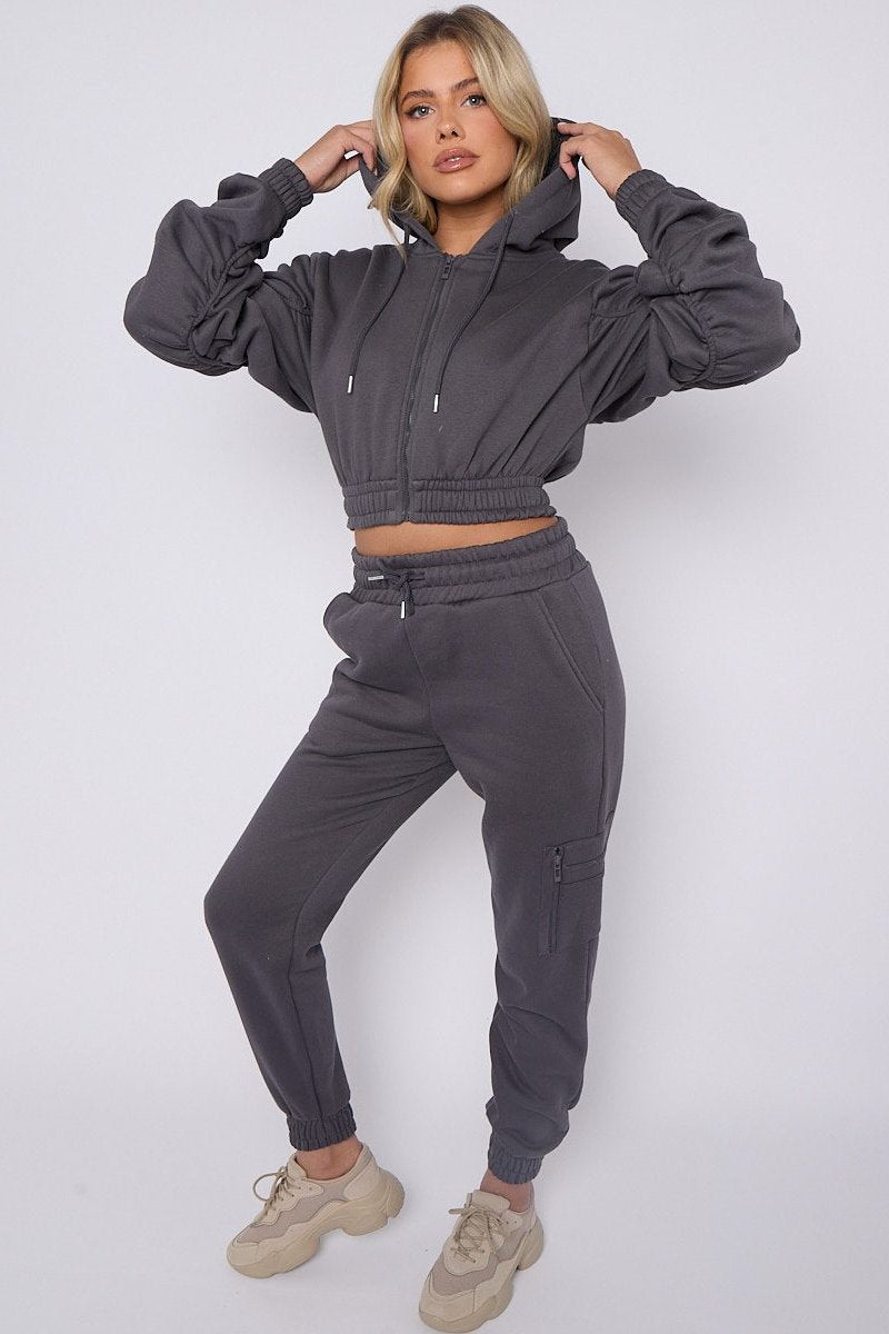 KATCH ME Charcoal Casual Ruched Sleeve Crop Hoodie & Elastic Waist Trousers Co-ord Co-ord
