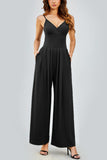 KATCH ME Black Elegant Spaghetti Straps Thin Waist Backless Wide Leg Jumpsuit Jumpsuit