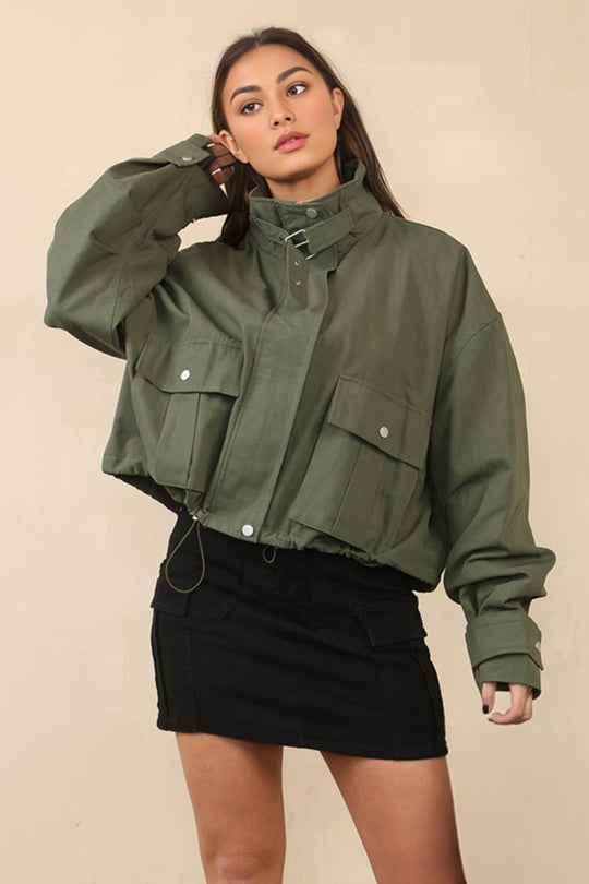 Vintage Stand Collar Flap Pocket Zip-Up Cropped Jacket