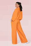 KATCH ME Orange Versatile Half Sleeve Button Crop Top & Elastic Waist Trousers Co-ord Co-ord