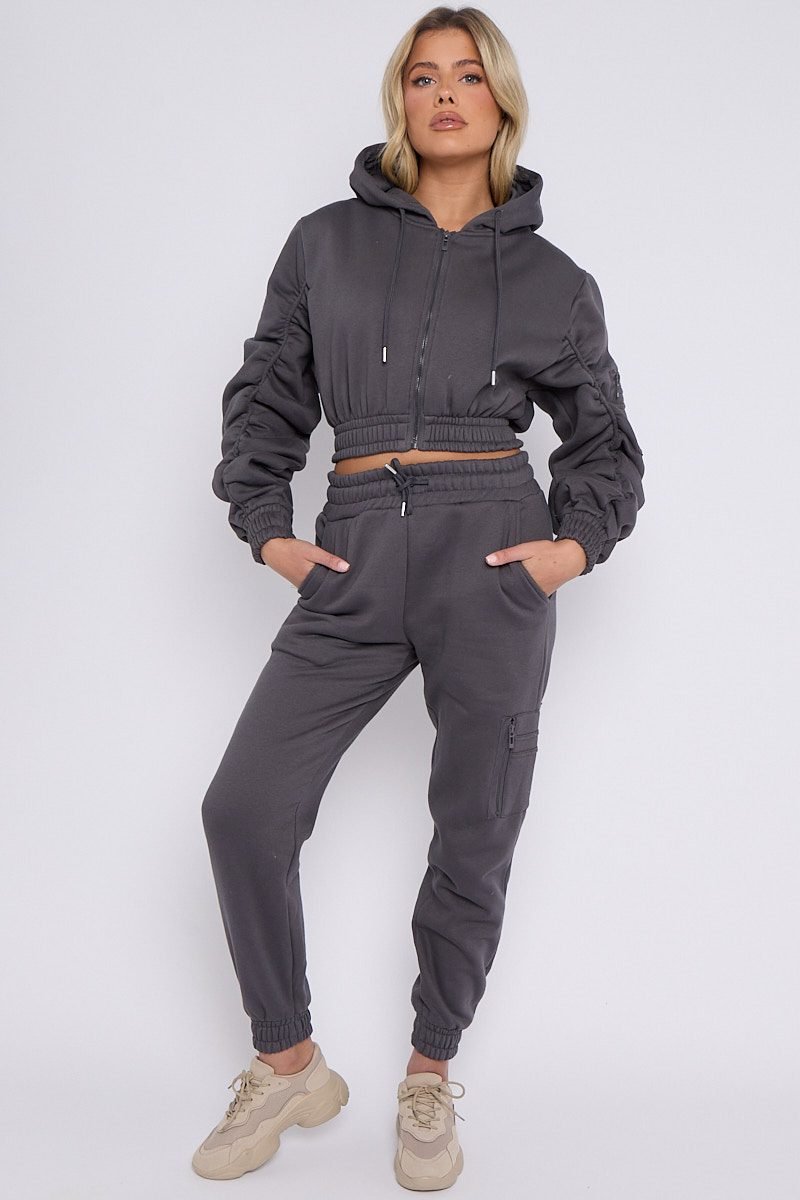 KATCH ME Charcoal Casual Ruched Sleeve Crop Hoodie & Elastic Waist Trousers Co-ord Co-ord 33.99
