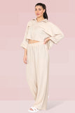 KATCH ME Beige Versatile Half Sleeve Button Crop Top & Elastic Waist Trousers Co-ord Co-ord