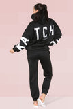 KATCH ME Black Casual Hooded Letter Printing Fleece Hoodie & Elastic Waist Sweatpants Co-ord Co-ord