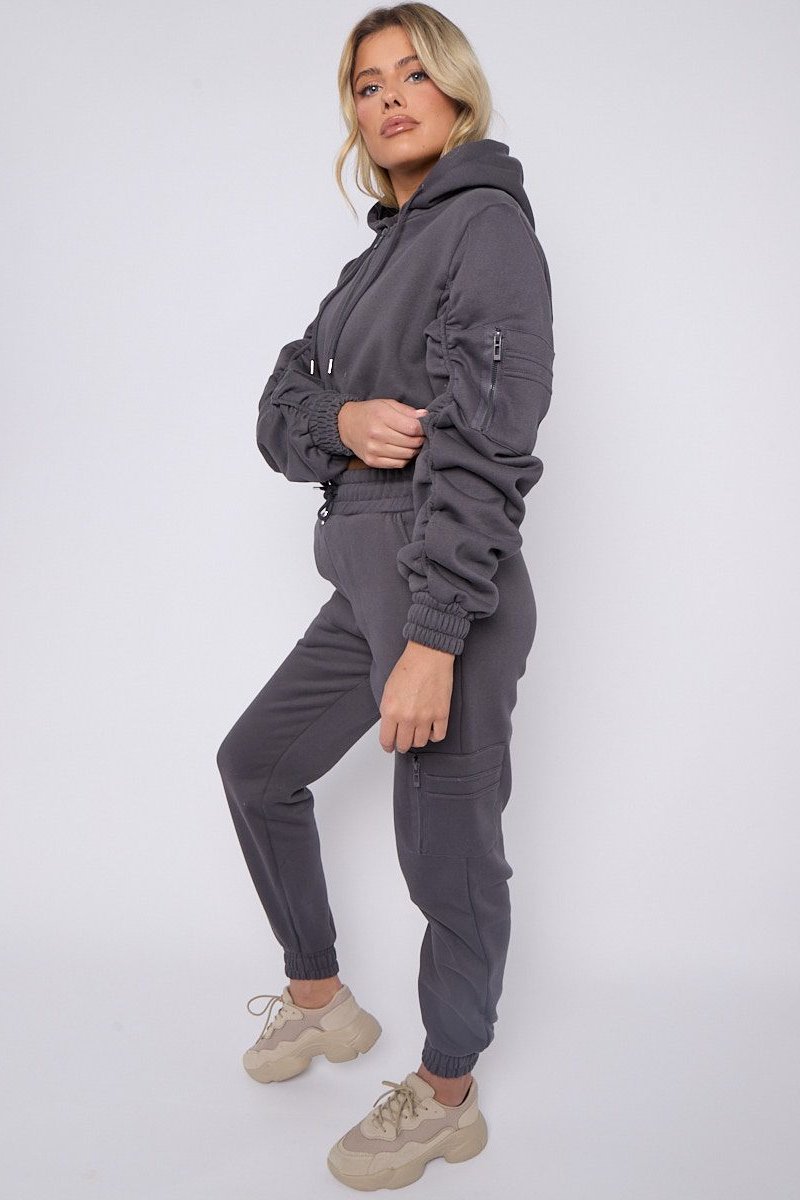 KATCH ME Charcoal Casual Ruched Sleeve Crop Hoodie & Elastic Waist Trousers Co-ord Co-ord