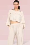 KATCH ME Beige Versatile Half Sleeve Button Crop Top & Elastic Waist Trousers Co-ord Co-ord