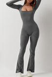 Grey Sports Square Neck Long Sleeve Seamless Shaping Flared Jumpsuit