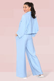 KATCH ME Blue Versatile Half Sleeve Button Crop Top & Elastic Waist Trousers Co-ord Co-ord