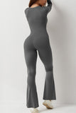 KATCH ME Grey Sports Square Neck Long Sleeve Seamless Shaping Flared Jumpsuit Jumpsuit