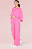 KATCH ME Pink Versatile Half Sleeve Button Crop Top & Elastic Waist Trousers Co-ord Co-ord