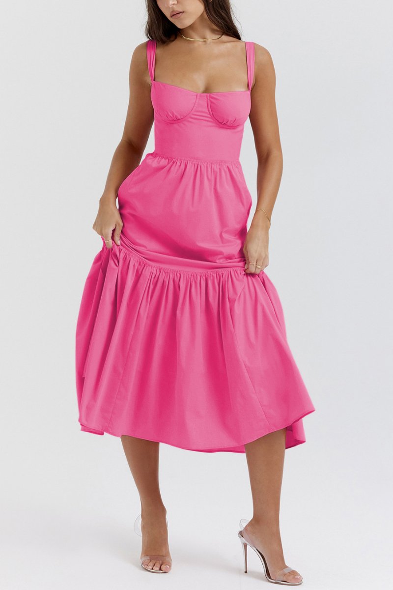 KATCH ME Fuchsia Lovely Thick Strap Pleated Pocket Slim Midi Dress Dress