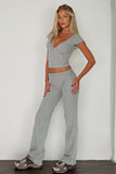 Grey Trendy Ribbed V Neck Short Sleeve Crop Top & Ruched Wide Leg Trousers Co-ord