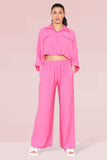Pink Versatile Half Sleeve Button Crop Top & Elastic Waist Trousers Co-ord