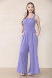 Women's Elegant Plain Thick Strap Ruched Pocket Wide Leg Jumpsuit