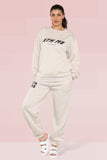 KATCH ME Beige Round Neck Letter Print Loose Sweatshirt & Elastic Waist Sweatpants Co-ord Co-ord 25.99