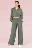 KATCH ME Khaki Versatile Half Sleeve Button Crop Top & Elastic Waist Trousers Co-ord Co-ord