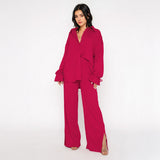 Commuter Solid Collared Tie-Up Long Sleeve Button Shirt & Wide Leg Trousers Co-ord