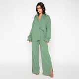 Commuter Solid Collared Tie-Up Long Sleeve Button Shirt & Wide Leg Trousers Co-ord
