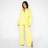 Commuter Solid Collared Tie-Up Long Sleeve Button Shirt & Wide Leg Trousers Co-ord