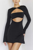Black Cutout Front Flare Long Sleeve Bodycon Dress