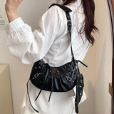 KATCH ME Black PU Cago City Rivet Buckle Adjustable Ruched Shoulder Bag  23.99