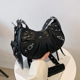 KATCH ME Black PU Cago City Rivet Buckle Adjustable Ruched Shoulder Bag  23.99