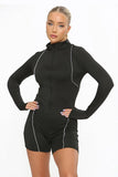 Black Zip Up Long Sleeve Playsuit With White Piping