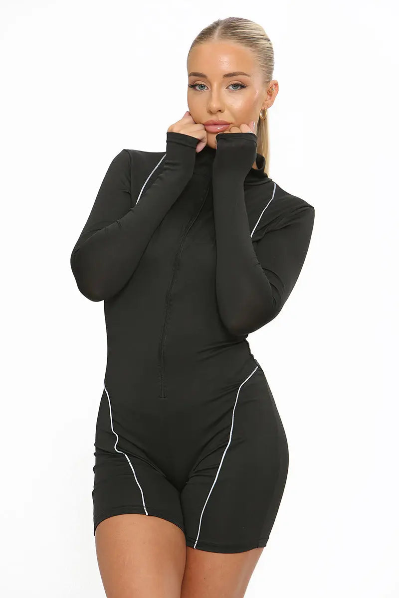 KATCH ME Black Zip Up Long Sleeve Playsuit With White Piping Playsuit 