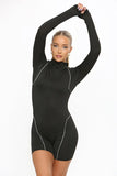 KATCH ME Black Zip Up Long Sleeve Playsuit With White Piping Playsuit 23.99