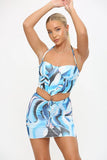 KATCH ME Blue Art Print Halter Tie Sweetheart Neckline Crop Top & Mesh Mini Skirt Co-ord Co-ord 25.99