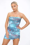 KATCH ME Blue Print Strapless Drawstring Back Slit Bodycon Mini Dress Dress 