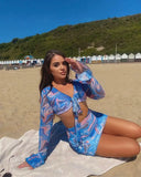 KATCH ME Blue Tie Front Flare Sleeve Mesh Swirl Print Co-ord Co-ords 