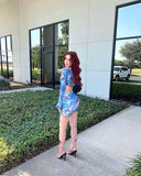 KATCH ME Blue Tie Front Flare Sleeve Mesh Swirl Print Co-ord Co-ords 