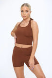 KATCH ME Brown Halter Tie Back Sleeveless Crop Top & Short Co-ord Co-ords 