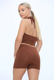 KATCH ME Brown Halter Tie Back Sleeveless Crop Top & Short Co-ord Co-ords 