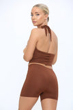 KATCH ME Brown Halter Tie Back Sleeveless Crop Top & Short Co-ord Co-ords 