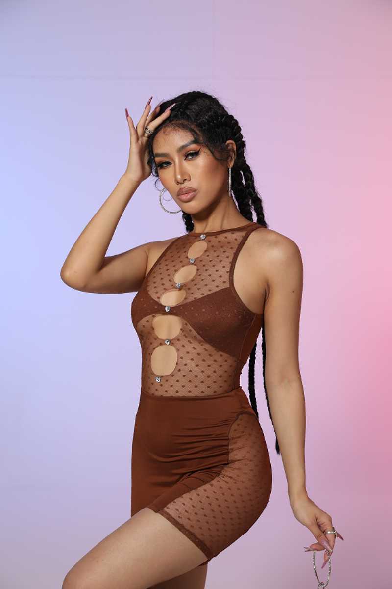 KATCH ME Brown Sleeveless Mesh Stitching Cutout Bodycon Playsuit Playsuit 