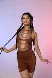 KATCH ME Brown Sleeveless Mesh Stitching Cutout Bodycon Playsuit Playsuit 15.99