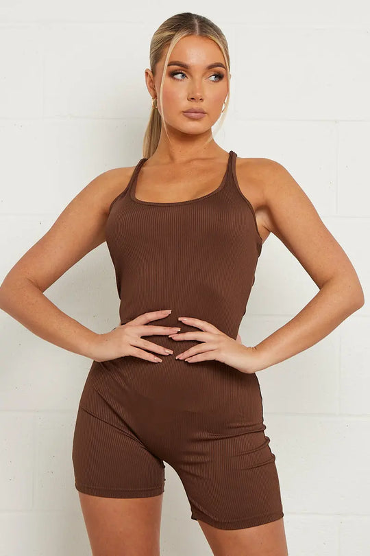 Minimalist Solid Color Ribbed U Neck Seamless Shaping Playsuit