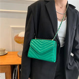 Green Quilted Stitching Detailing Square Flap Crossbody Bag