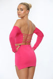 KATCH ME Hot Pink Off Shoulder Ruched Crop Top & Slit Mini Skirt Co-ord  15.99