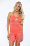 KATCH ME Orange Halter Sleeveless Cutout Mesh Playsuit Playsuit 19.99