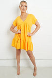 KATCH ME Orange V Neck Short Sleeve Pleated Hem Dress Dress 13.99